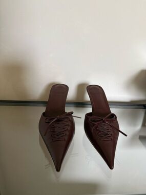 La Femme Pointed Lace-Up Mule in Dark Brown